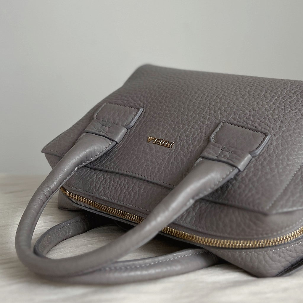 Furla Grey Leather Front Logo Boston 2 Way Shoulder Bag Like New