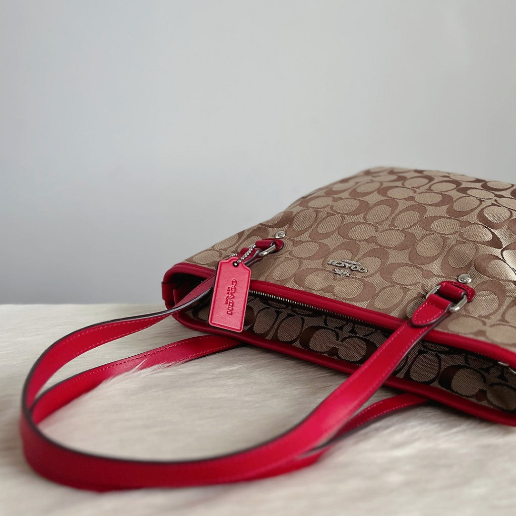 Coach Red Leather Signature Monogram Shoulder Bag Like New