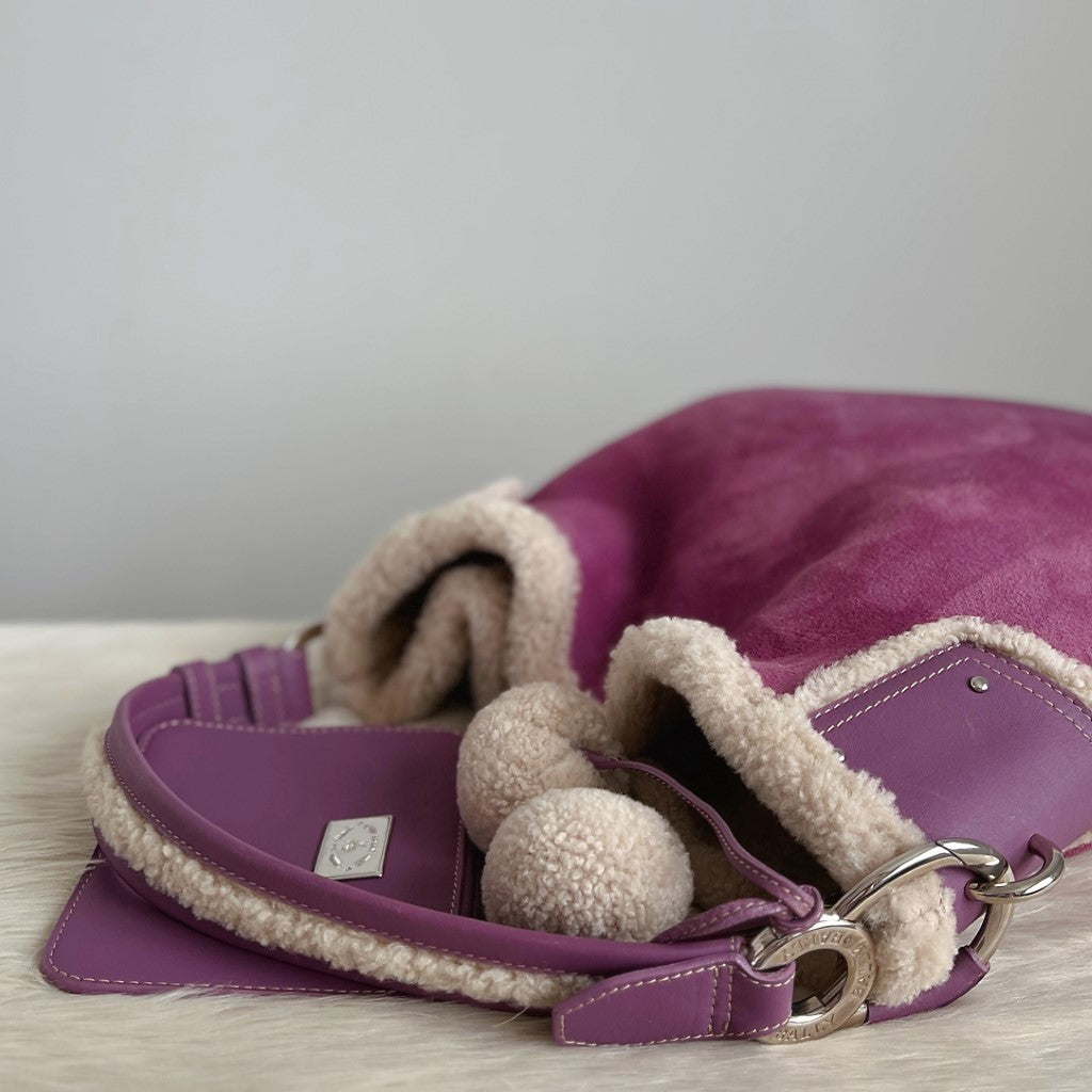 Bally Lavender Suede Pon Pon Detail Slouchy Shoulder Bag + Pouch