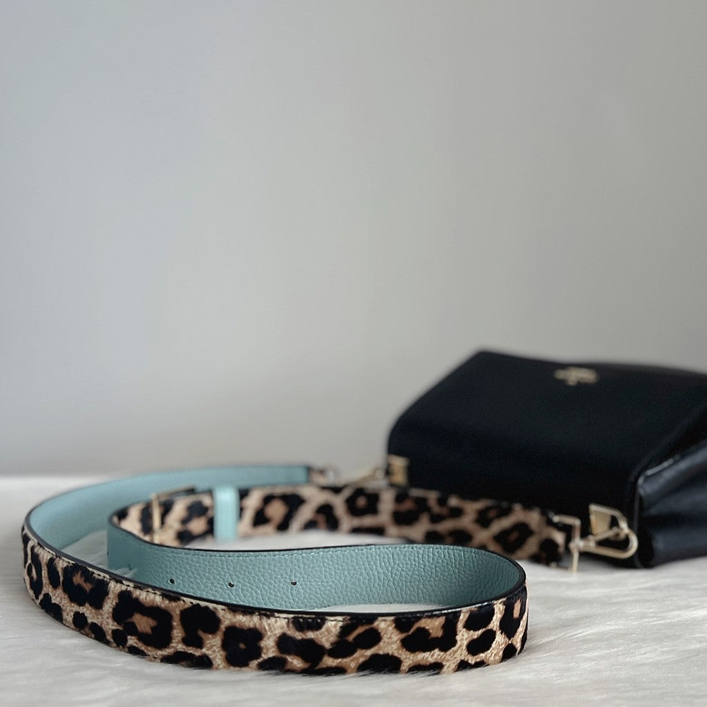 Kate Spade Black Leather Front Logo Leopard Strap Crossbody Shoulder Bag Like New