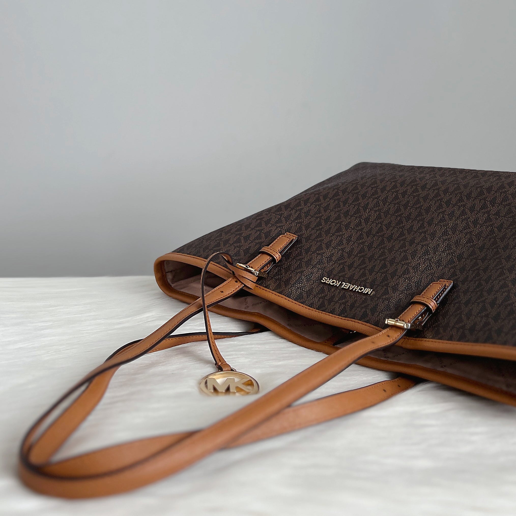 Michael Kors Caramel Leather Monogram MK Charm Shoulder Bag Excellent