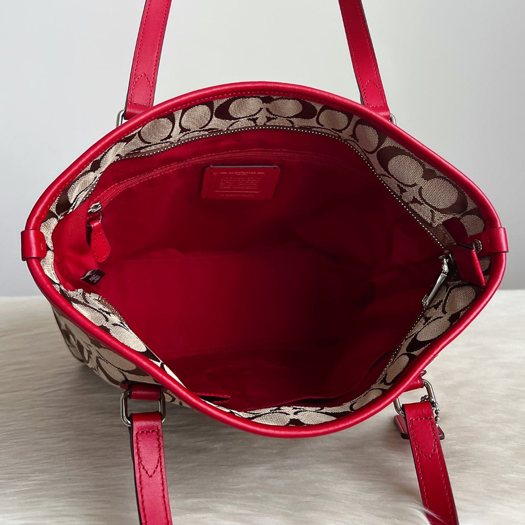 Coach Red Leather Signature Monogram Shoulder Bag Like New