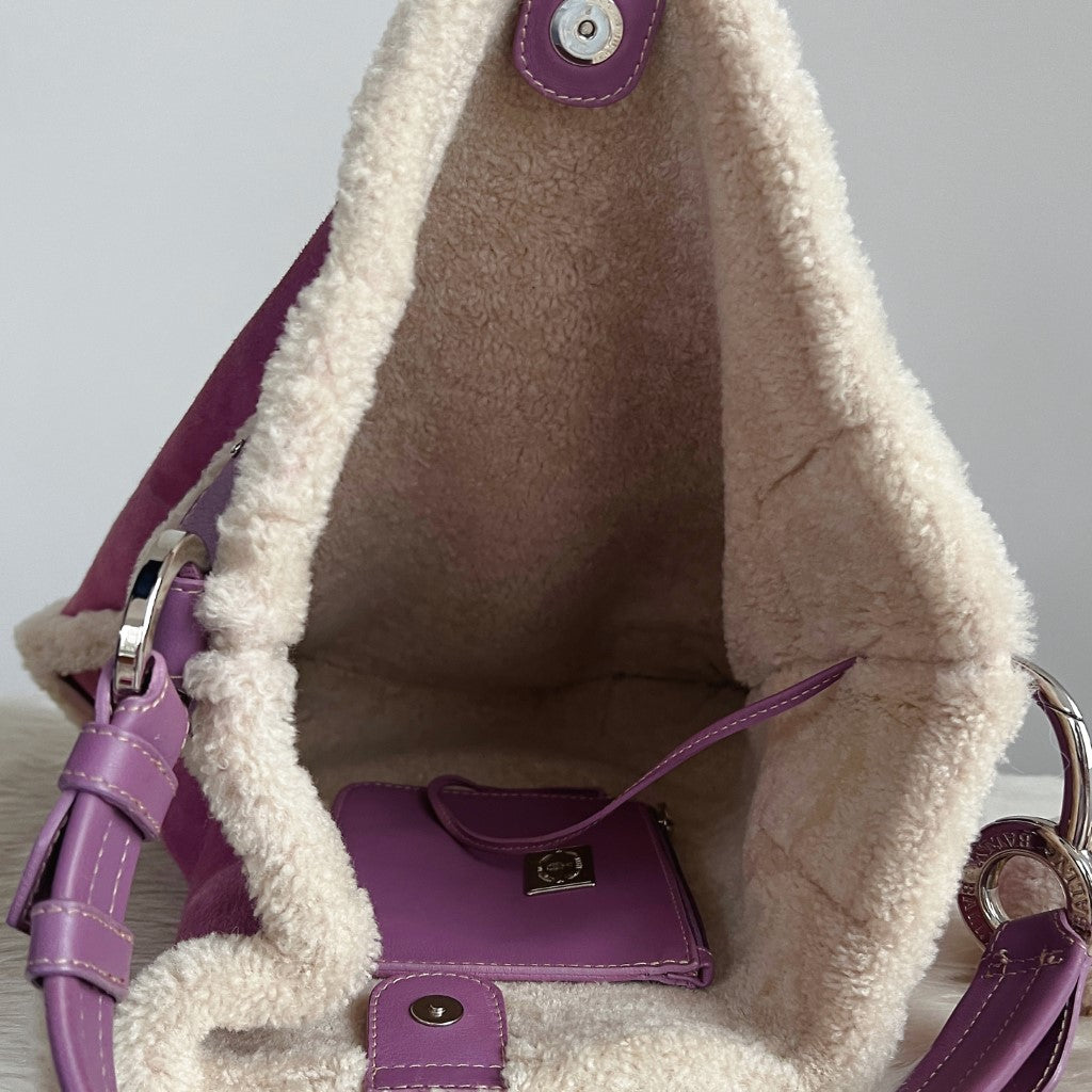 Bally Lavender Suede Pon Pon Detail Slouchy Shoulder Bag + Pouch