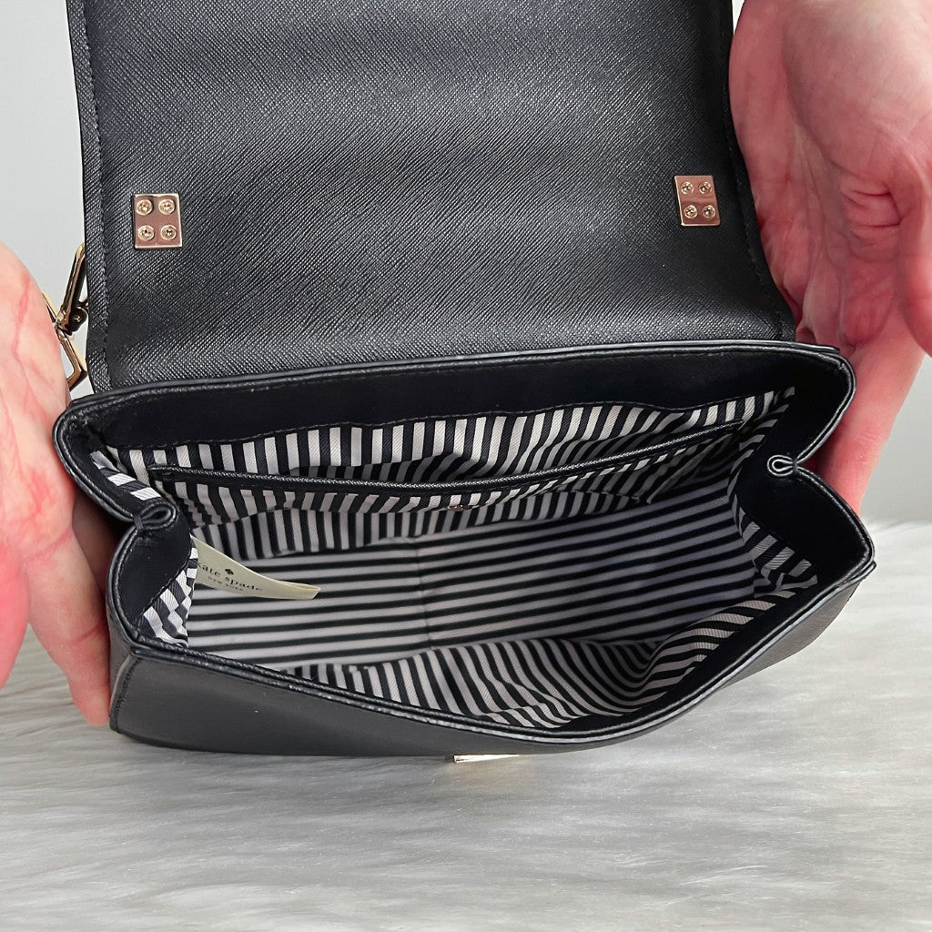 Kate Spade Black Leather Front Logo Leopard Strap Crossbody Shoulder Bag Like New