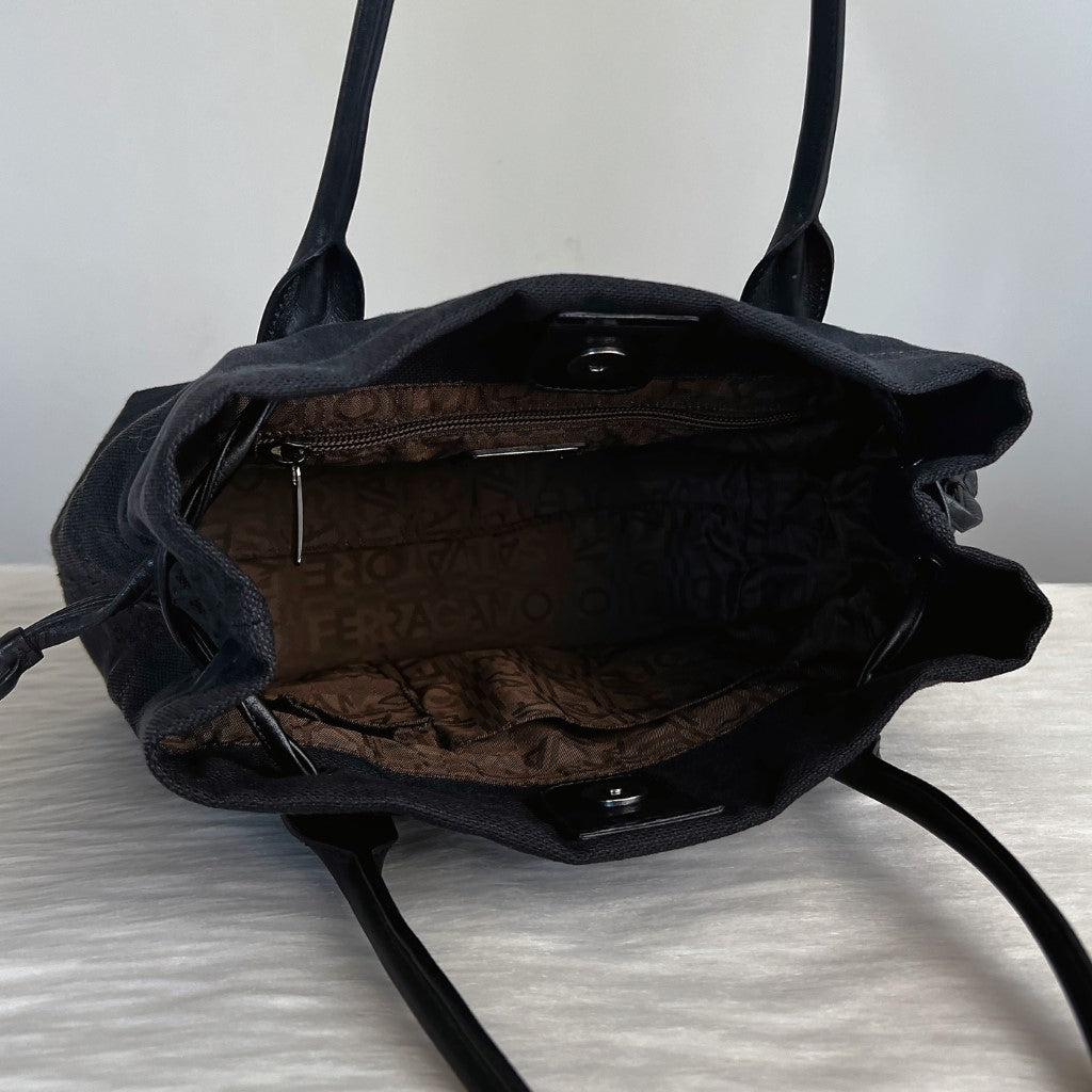 Salvatore Ferragamo Black Leather Denim Drawstring Detail Tote Bag Excellent