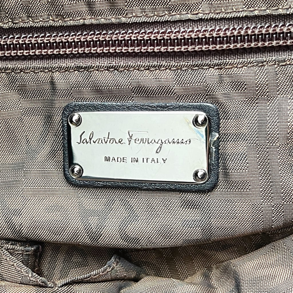 Salvatore Ferragamo Black Leather Denim Drawstring Detail Tote Bag Excellent