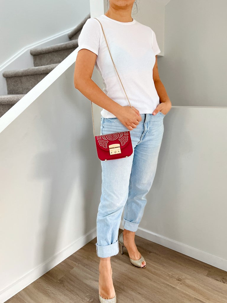 Furla Fuchsia Leather Studded Metropolis Small Crossbody Shoulder Bag Like New