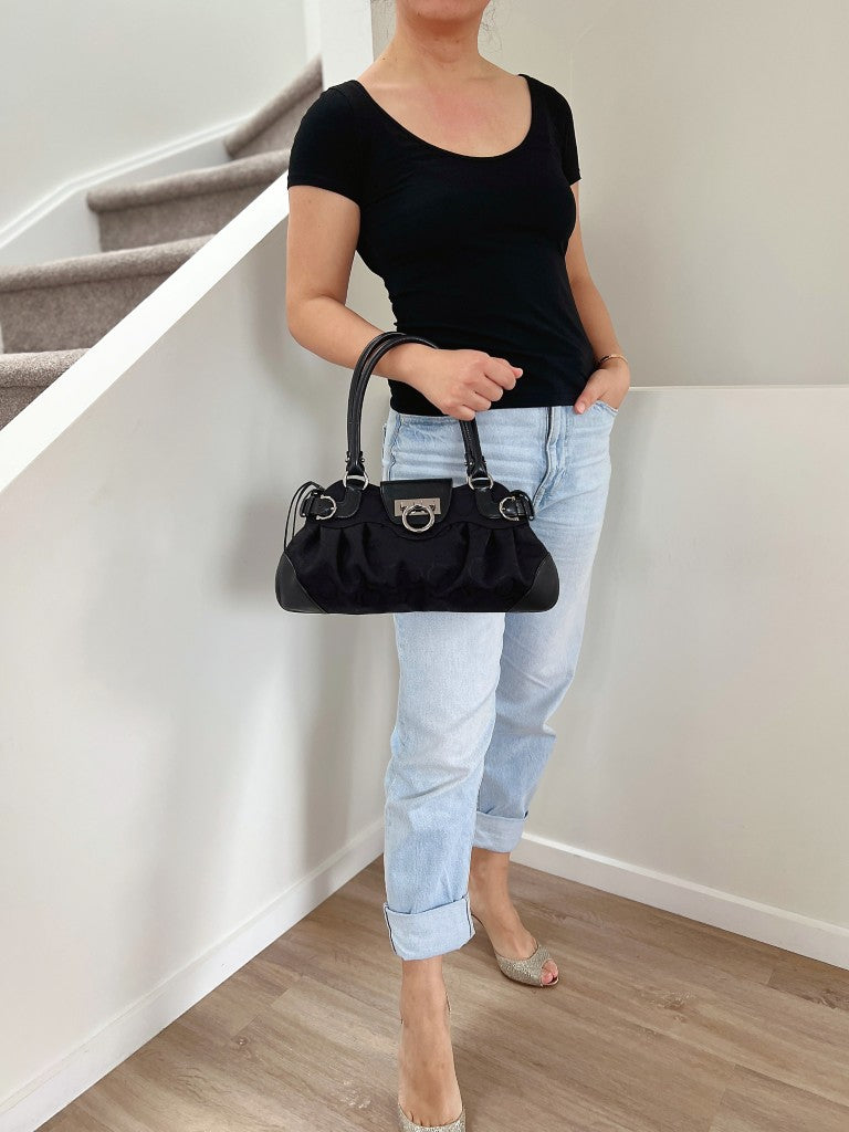 Salvatore Ferragamo Black Leather Monogram Drawstring Shoulder Bag Like New