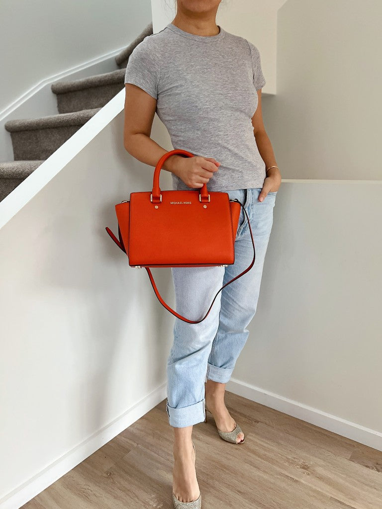 Michael Kors Orange Saffiano Leather Front Logo 2 Way Shoulder Bag Like New