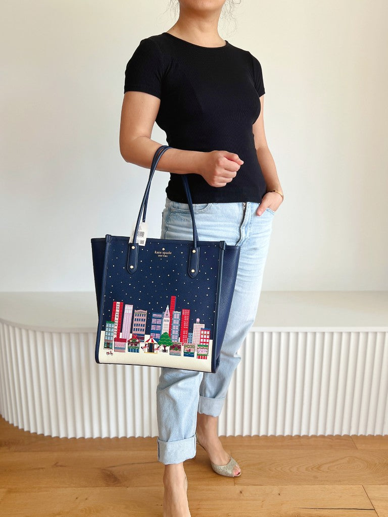 Kate Spade Navy Leather Christmas Holiday Book Tote Shoulder Bag New with Tags