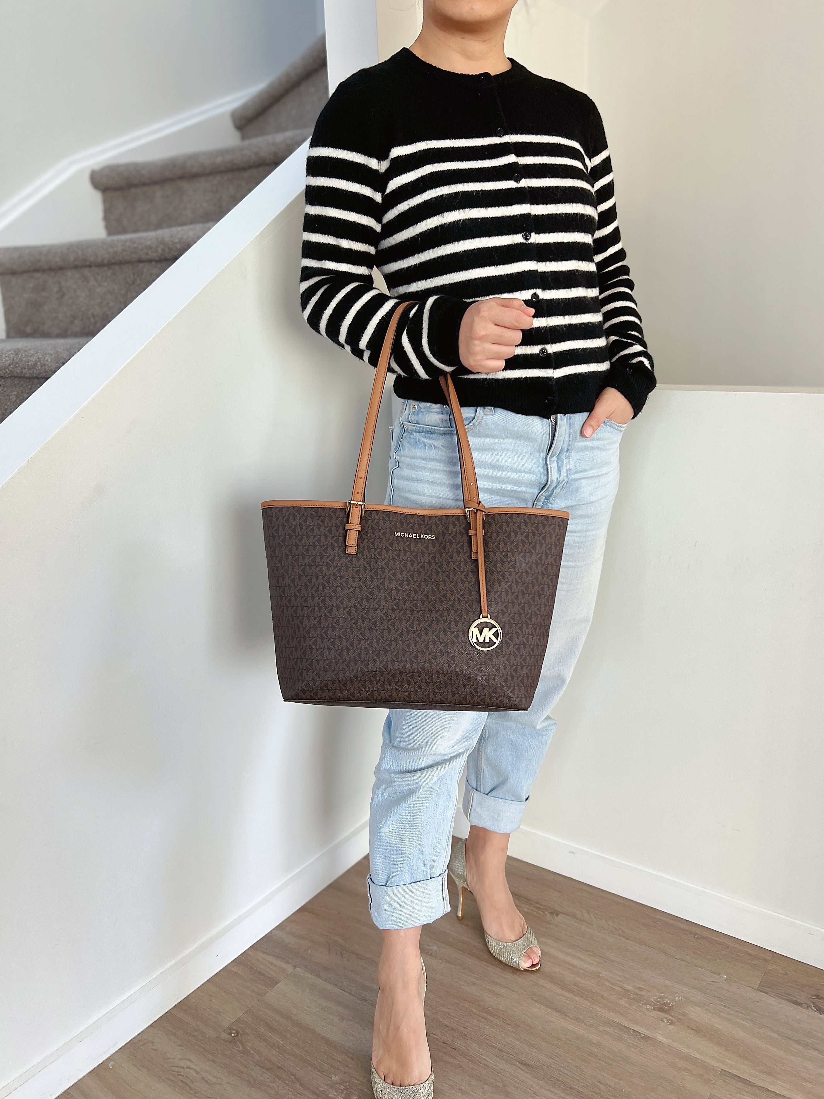 Michael Kors Caramel Leather Monogram MK Charm Shoulder Bag Excellent