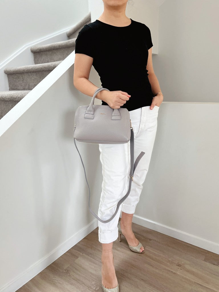 Furla Grey Leather Front Logo Boston 2 Way Shoulder Bag Like New