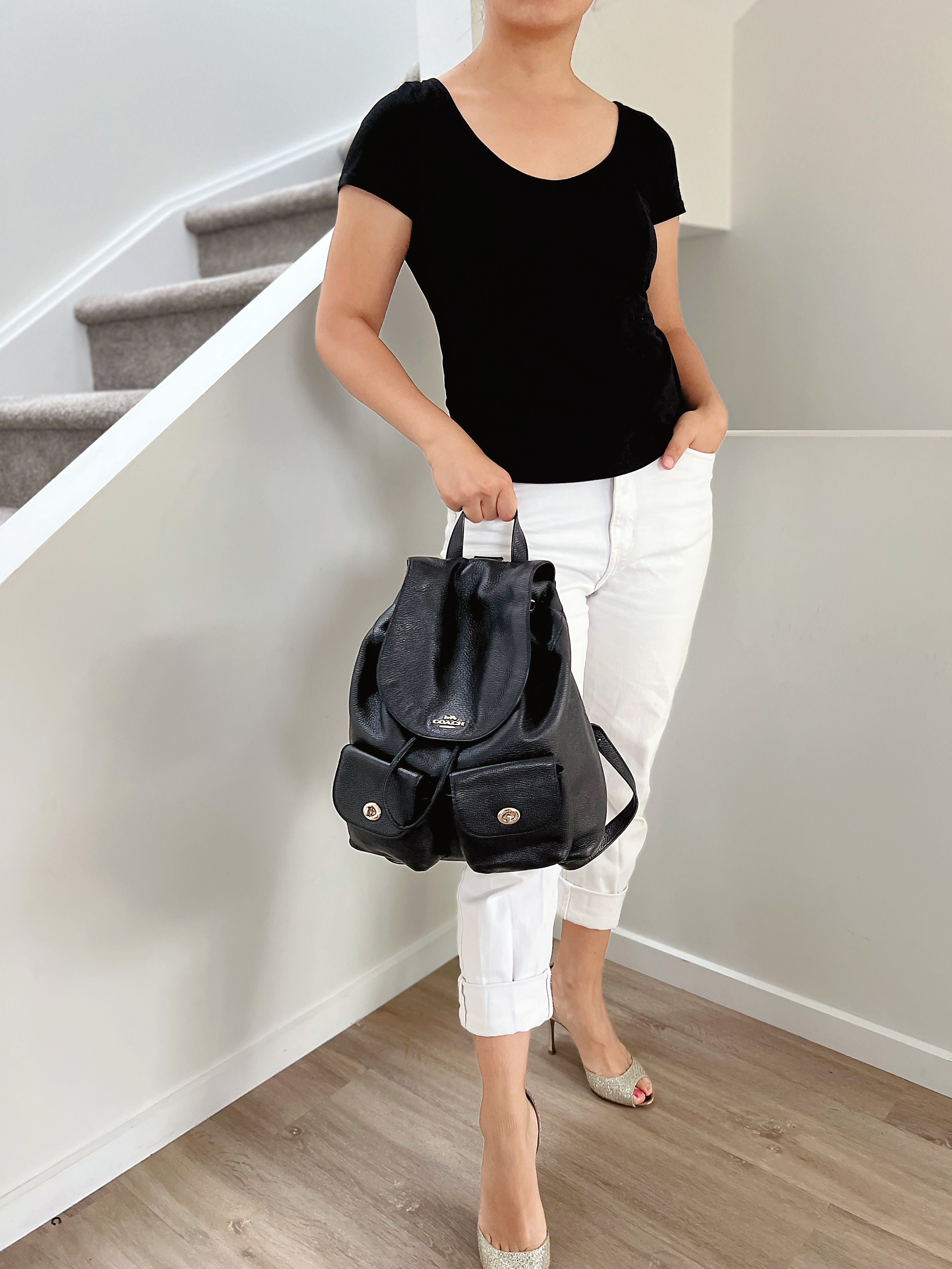 Coach Black Leather Turn Lock Pocket Drawstring Backpack Excellent