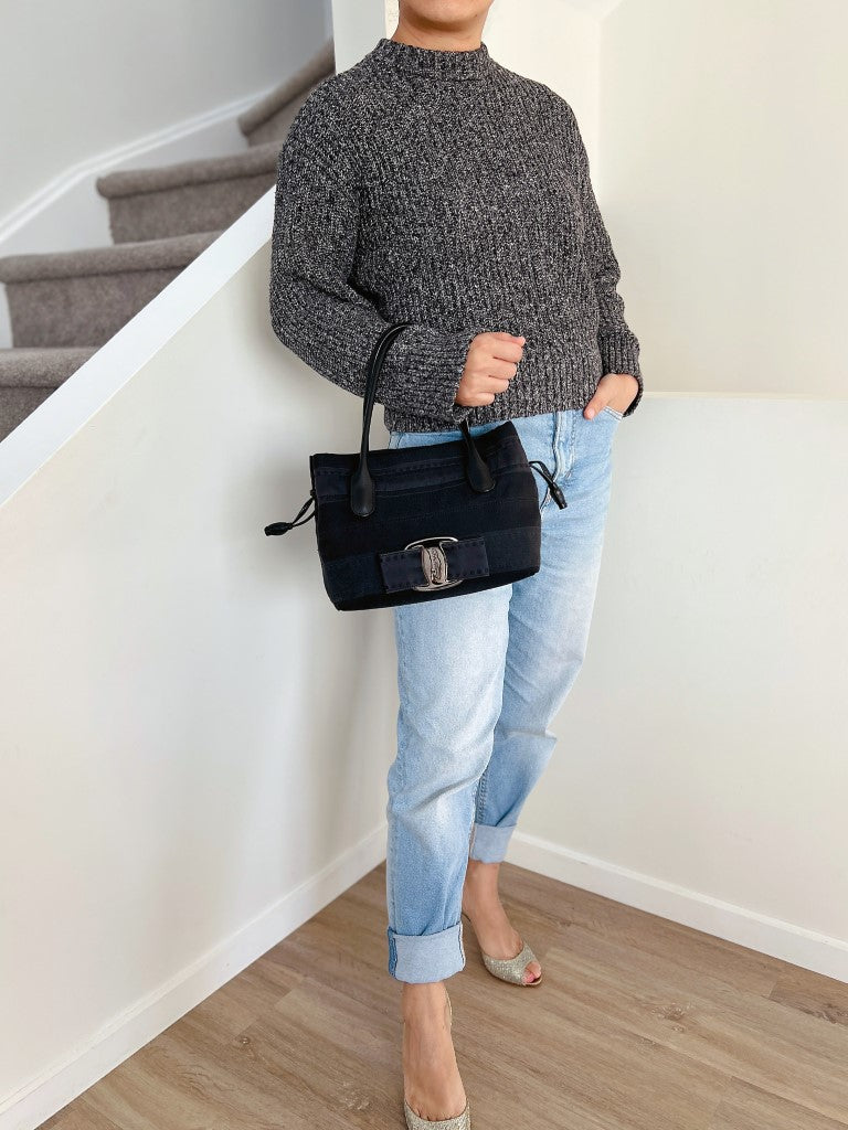 Salvatore Ferragamo Black Leather Denim Drawstring Detail Tote Bag Excellent