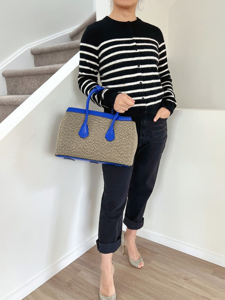 Bally Blue Leather Canvas Signature Sommet Tote Bag Like New