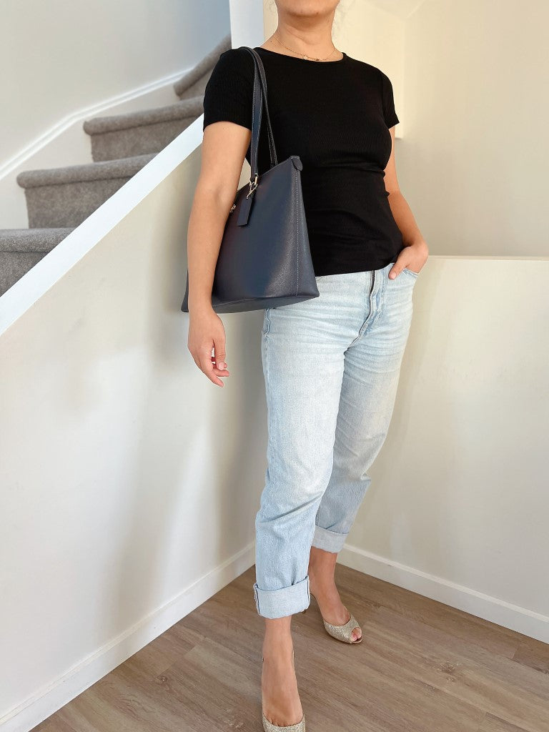 Coach Navy Leather Front Logo Carryall Career Shoulder Bag Like New
