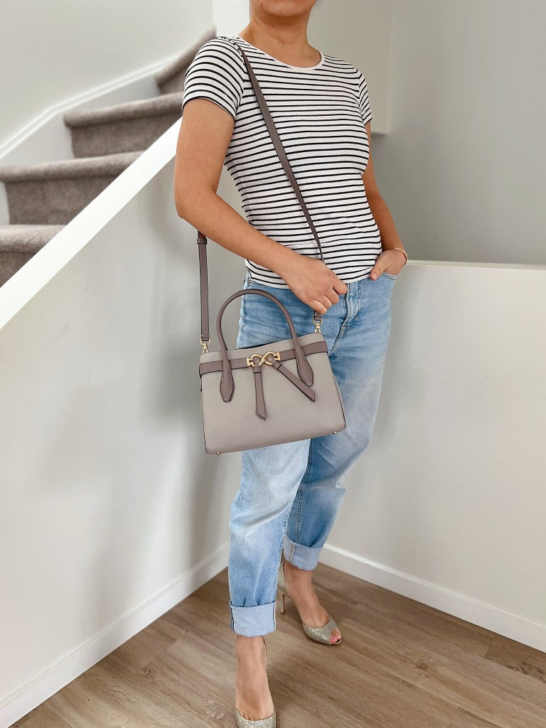 Kate Spade Grey Leather Heart Buckle Triple Compartment 2 Way Shoulder Bag Like New