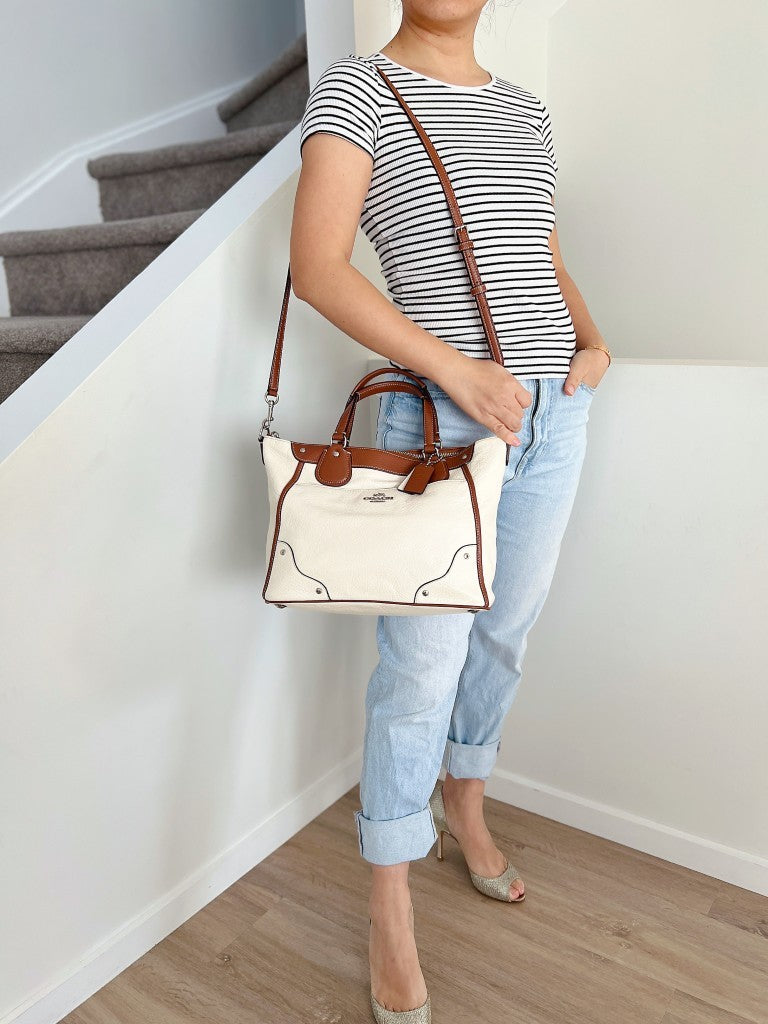 Coach Two Tone Leather Front Detail Carryall 2 Way Shoulder Bag Excellent