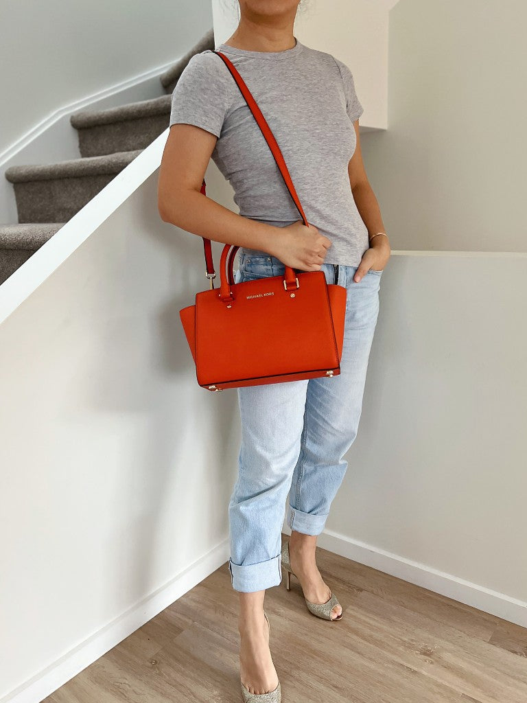 Michael Kors Orange Saffiano Leather Front Logo 2 Way Shoulder Bag Like New