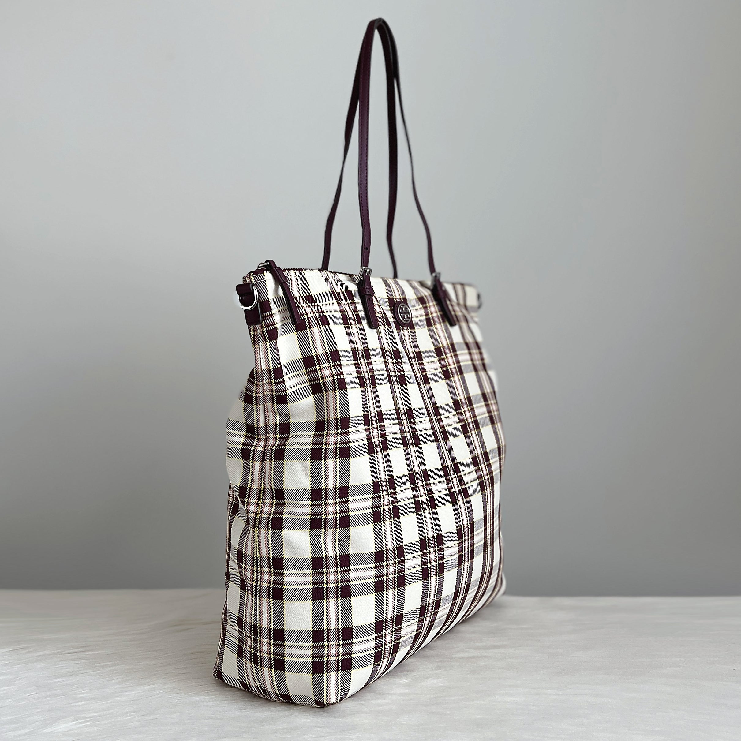 Tory Burch Bordeaux Leather Check Pattern 2 Way Shoulder Bag New with Tags