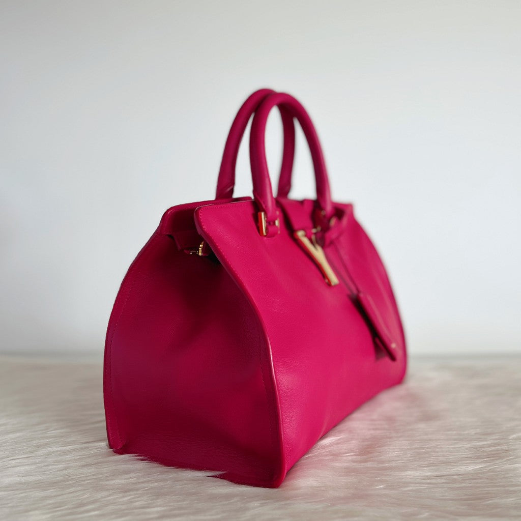 Yves Saint Laurent YSL Fuchsia Leather Cabas Y 2 Way Shoulder Bag Like New