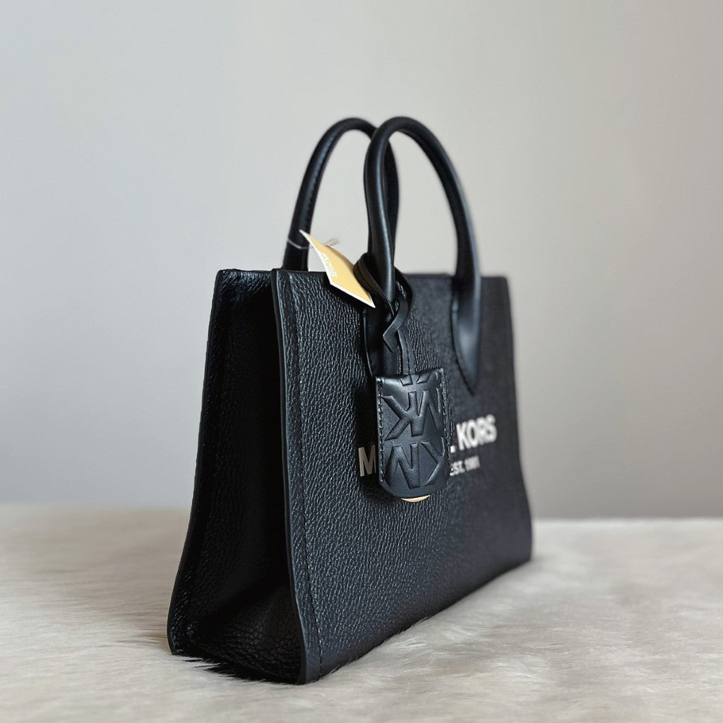 Michael Kors Black Leather Front Logo Book Tote 2 Way Shoulder Bag New with Tags