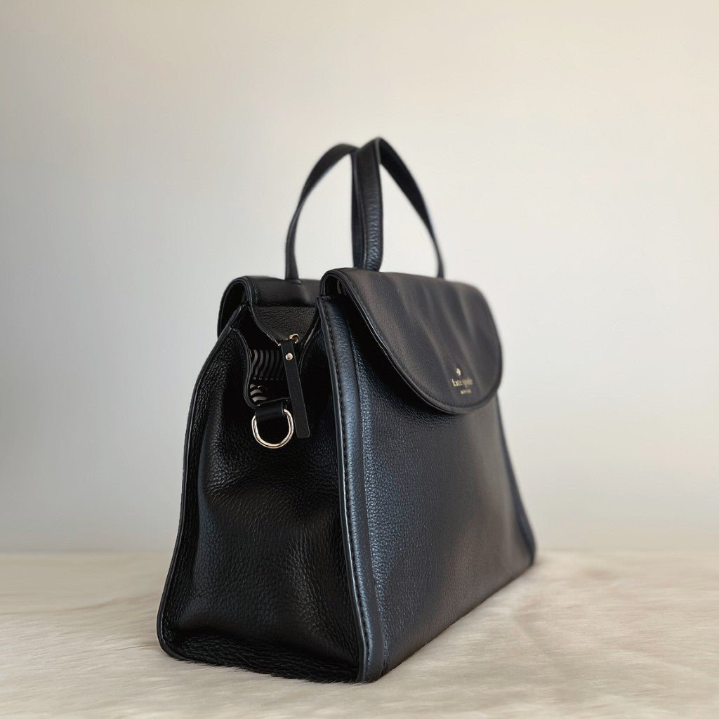 Kate Spade Black Leather Front Logo Flap 2 Way Shoulder Bag Like New