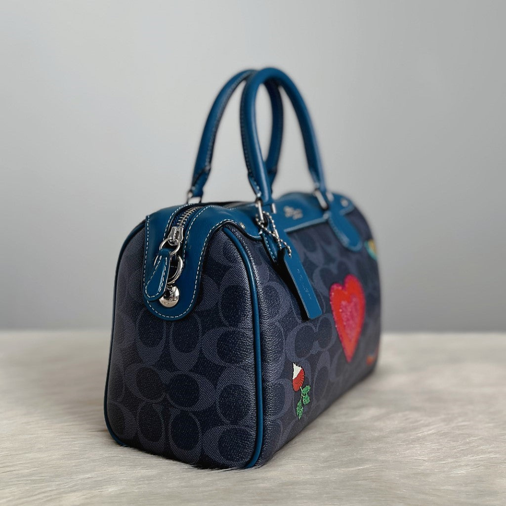 Coach Blue Leather Monogram Patchwork Boston 2 Way Shoulder Bag Like New