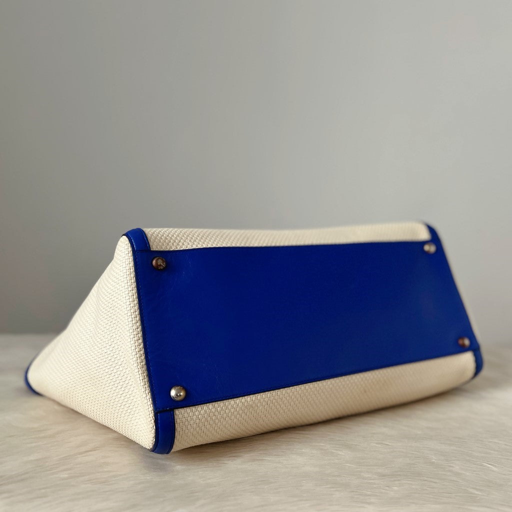 Salvatore Ferragamo Blue Leather Straw Large Shoulder Bag Excellent