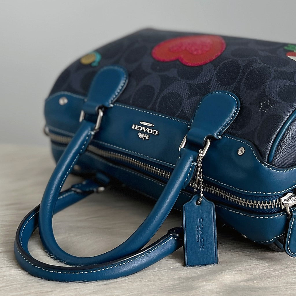 Coach Blue Leather Monogram Patchwork Boston 2 Way Shoulder Bag Like New