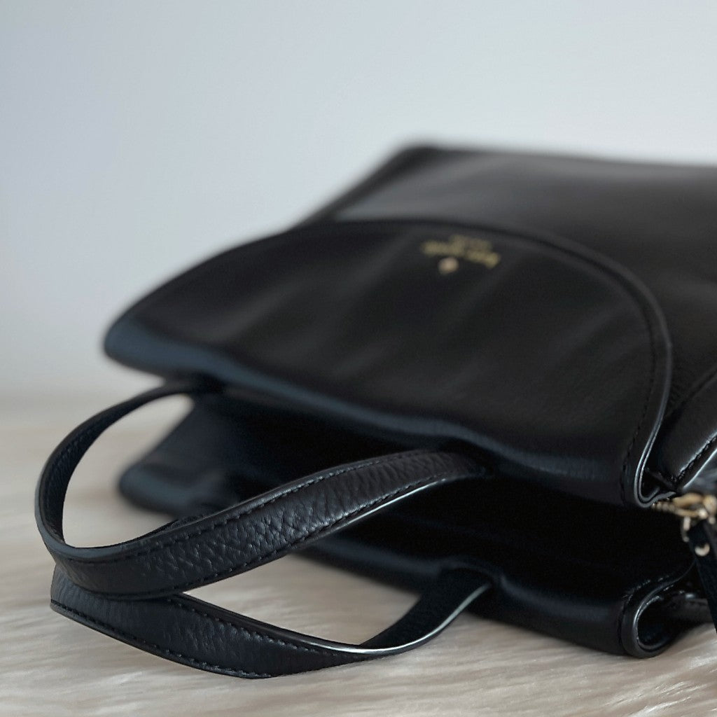Kate Spade Black Leather Front Logo Flap 2 Way Shoulder Bag Like New