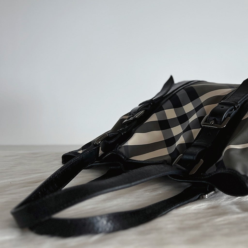 Burberry Patent Black Leather Signature Pattern Patchwork Shoulder Bag Excellent