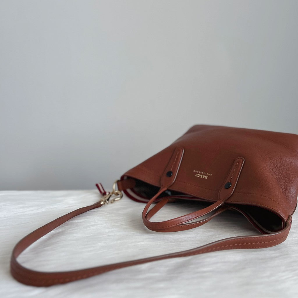 Bally Caramel Leather Front Logo Shopper 2 Way Shoulder Bag Excellent