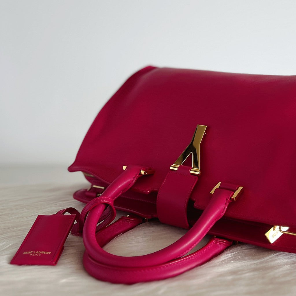 Yves Saint Laurent YSL Fuchsia Leather Cabas Y 2 Way Shoulder Bag Like New
