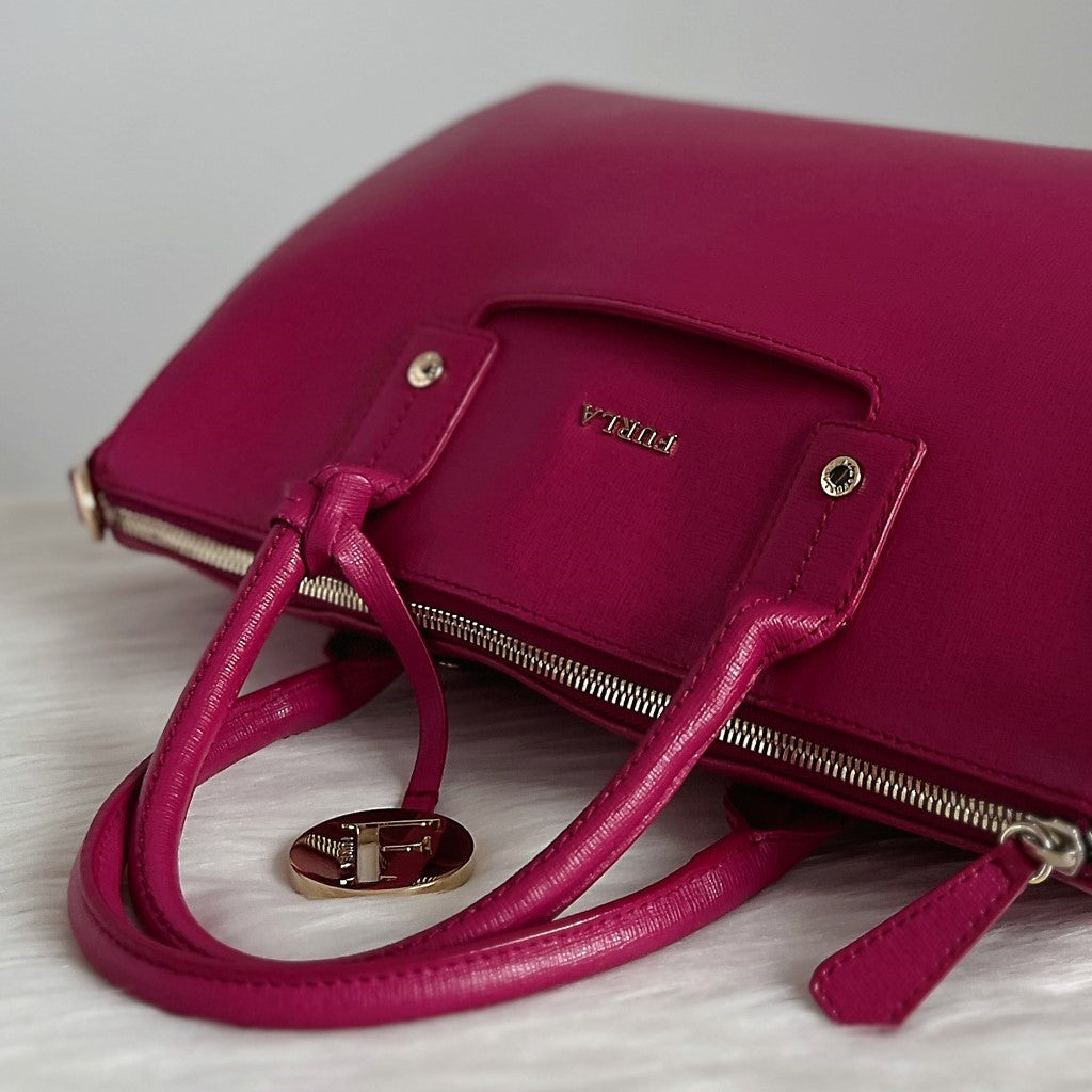 Furla Fuchsia Leather F Charm Boston 2 Way Shoulder Bag Like New