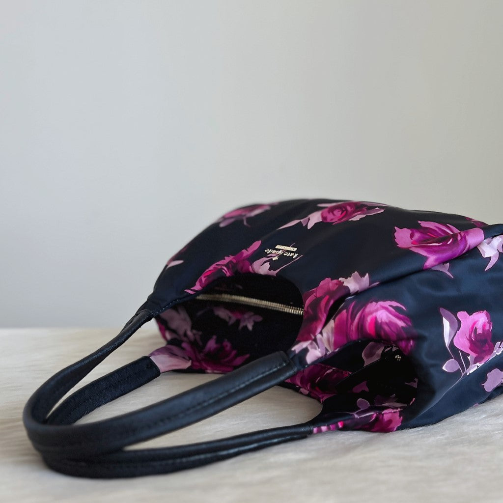 Kate Spade Black Leather Floral Pattern Shopper Shoulder Bag Excellent