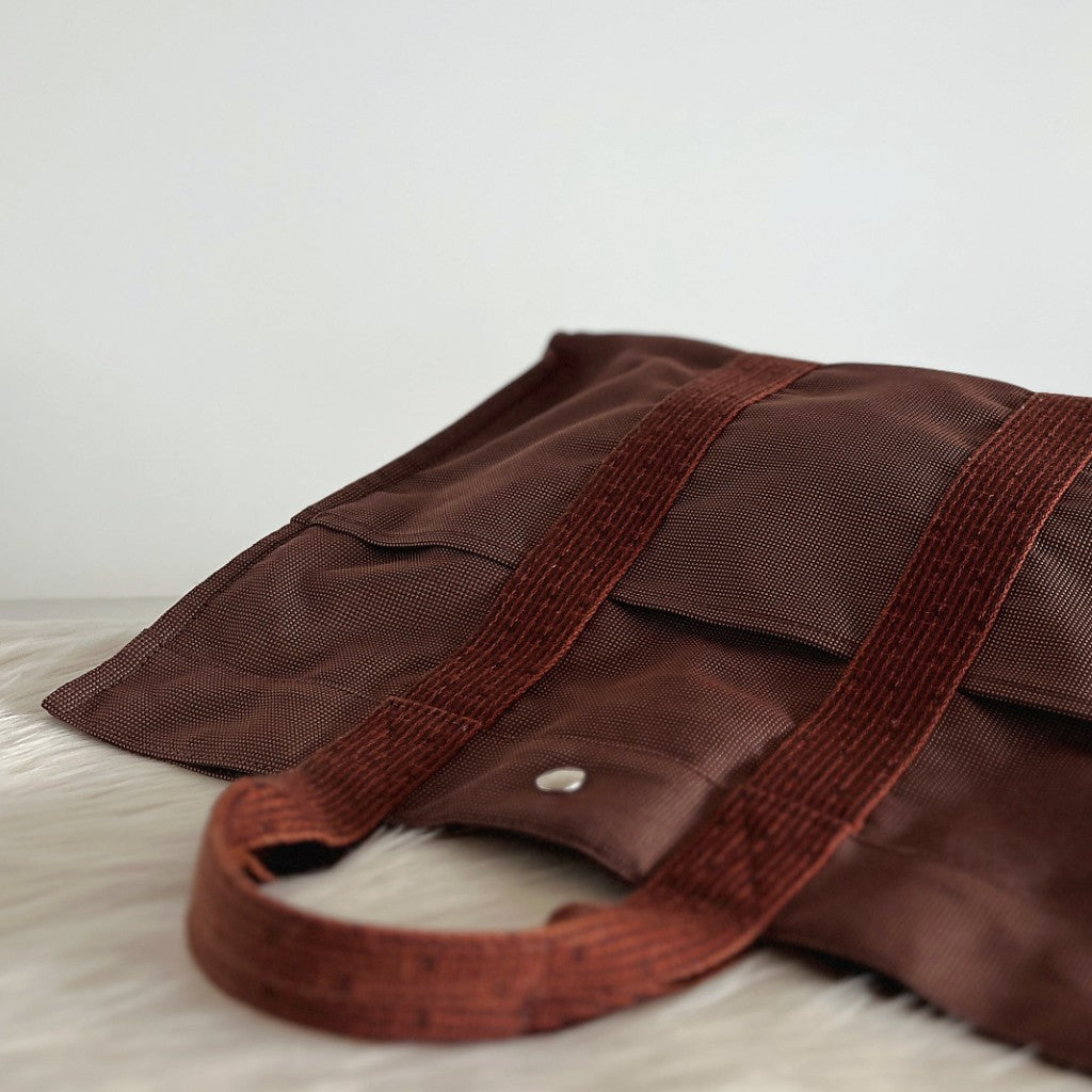 Hermes Brown Signature Stripe Detail Canvas Tote Bag Excellent