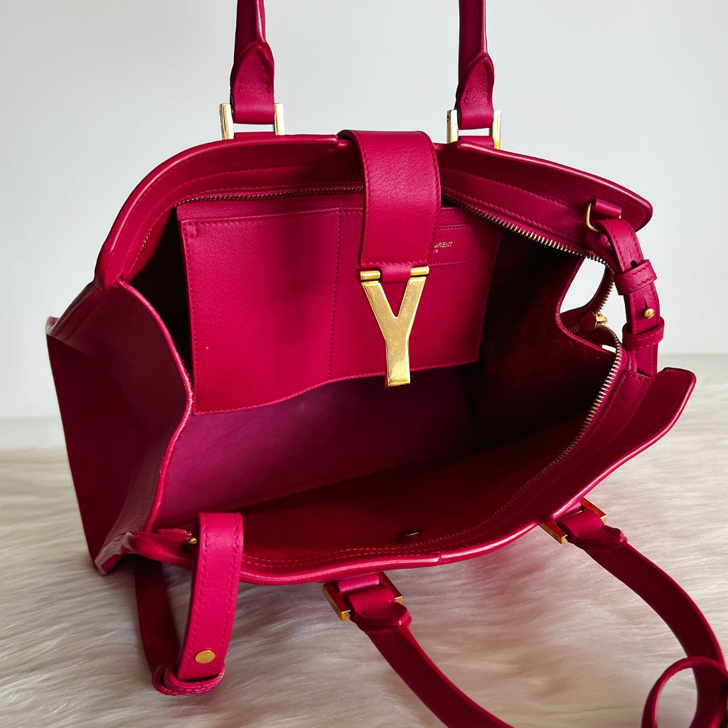 Yves Saint Laurent YSL Fuchsia Leather Cabas Y 2 Way Shoulder Bag Like New