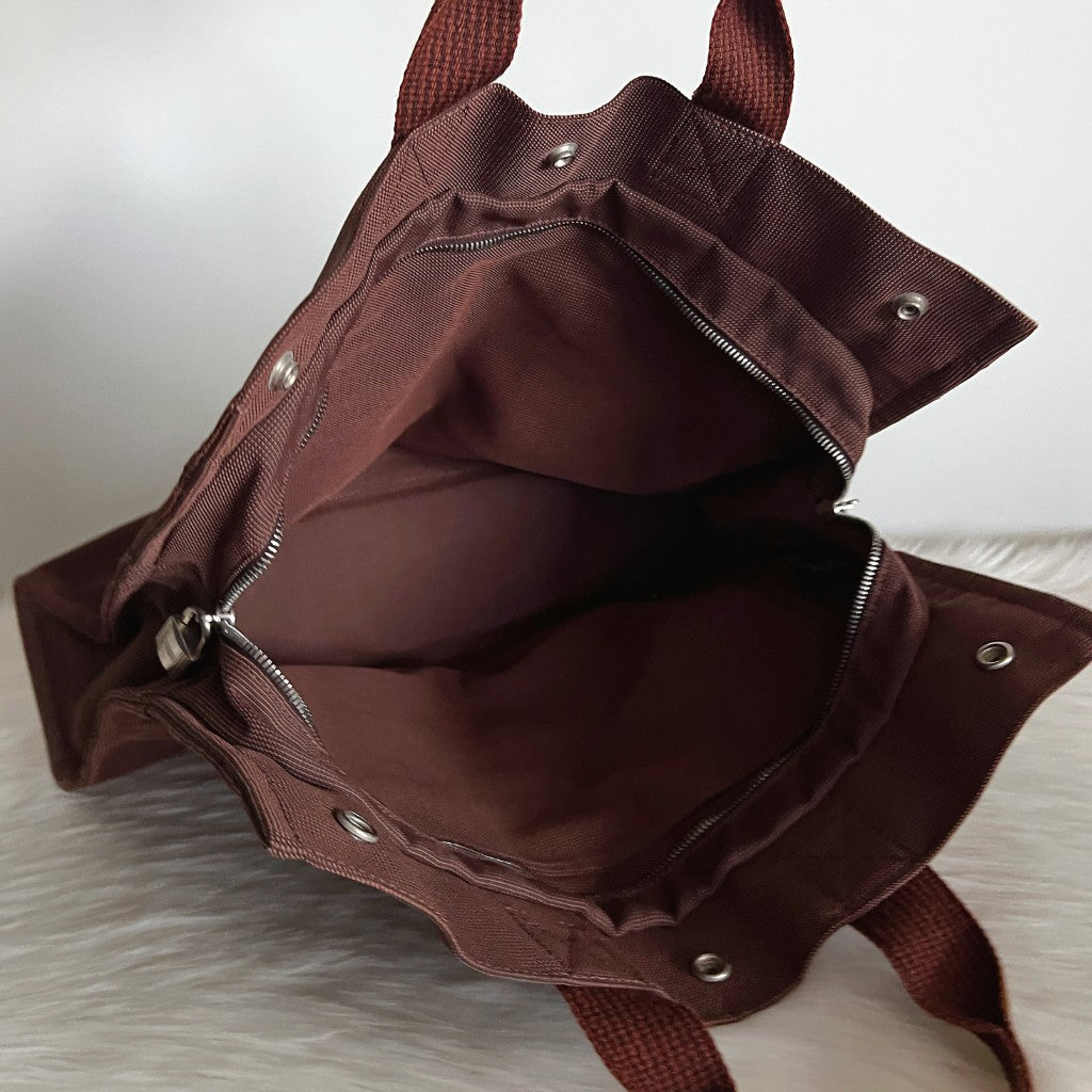 Hermes Brown Signature Stripe Detail Canvas Tote Bag Excellent