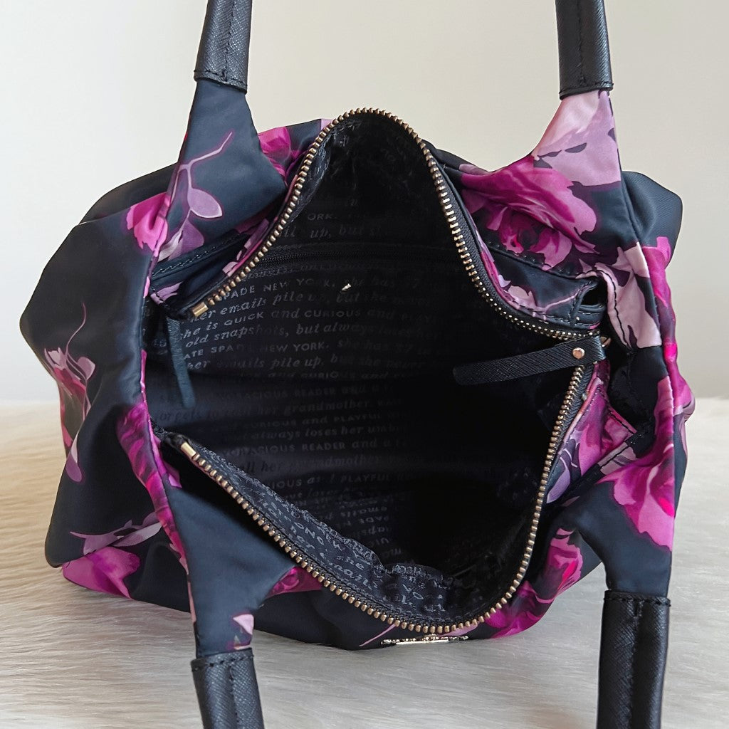 Kate Spade Black Leather Floral Pattern Shopper Shoulder Bag Excellent