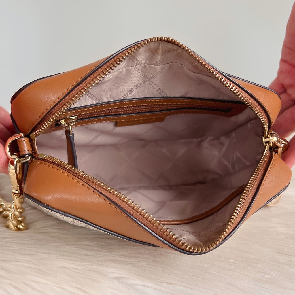 Michael Kors Monogram Gold Chain Detail Crossbody Shoulder Bag Excellent
