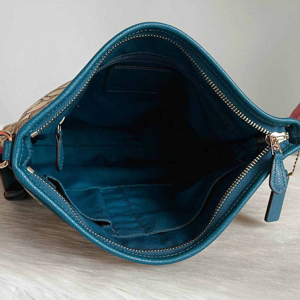 Coach Teal Leather Monogram Double Compartment Crossbody Shoulder Bag Excellent