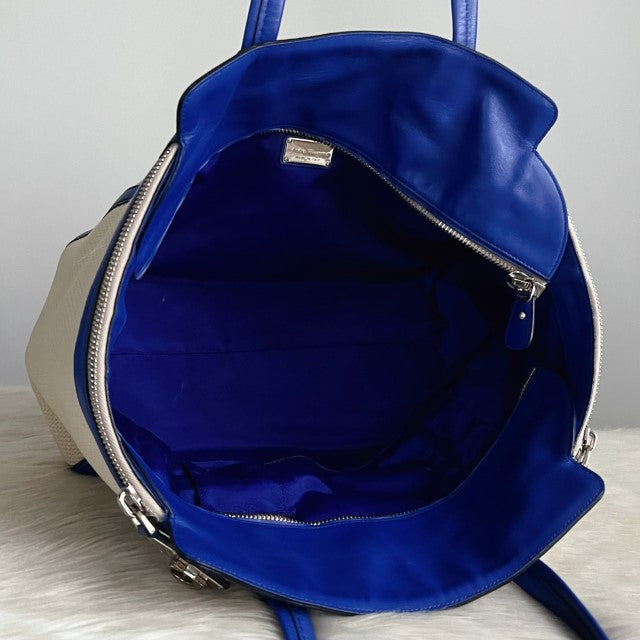 Salvatore Ferragamo Blue Leather Straw Large Shoulder Bag Excellent