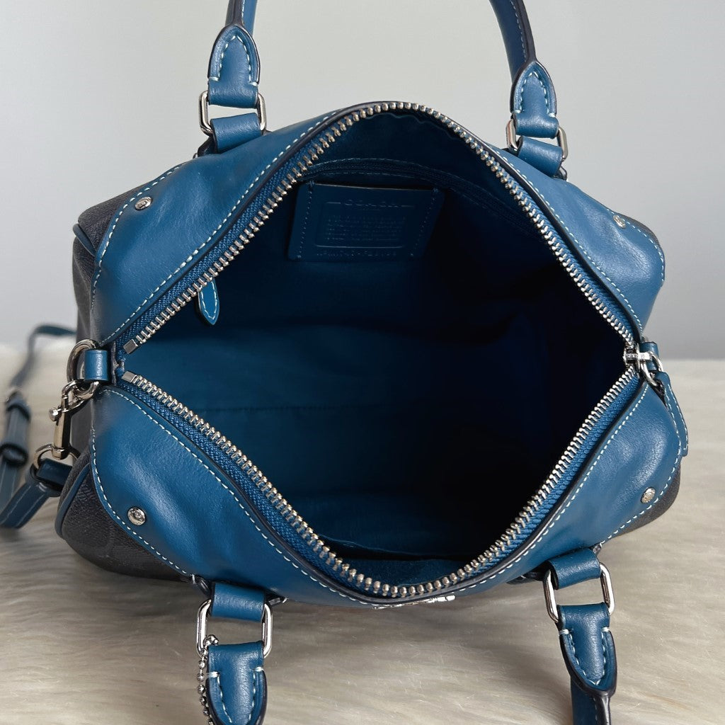 Coach Blue Leather Monogram Patchwork Boston 2 Way Shoulder Bag Like New