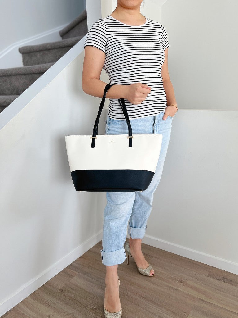 Kate Spade Two Tone Leather Front Logo Carryall Shoulder Bag Excellent