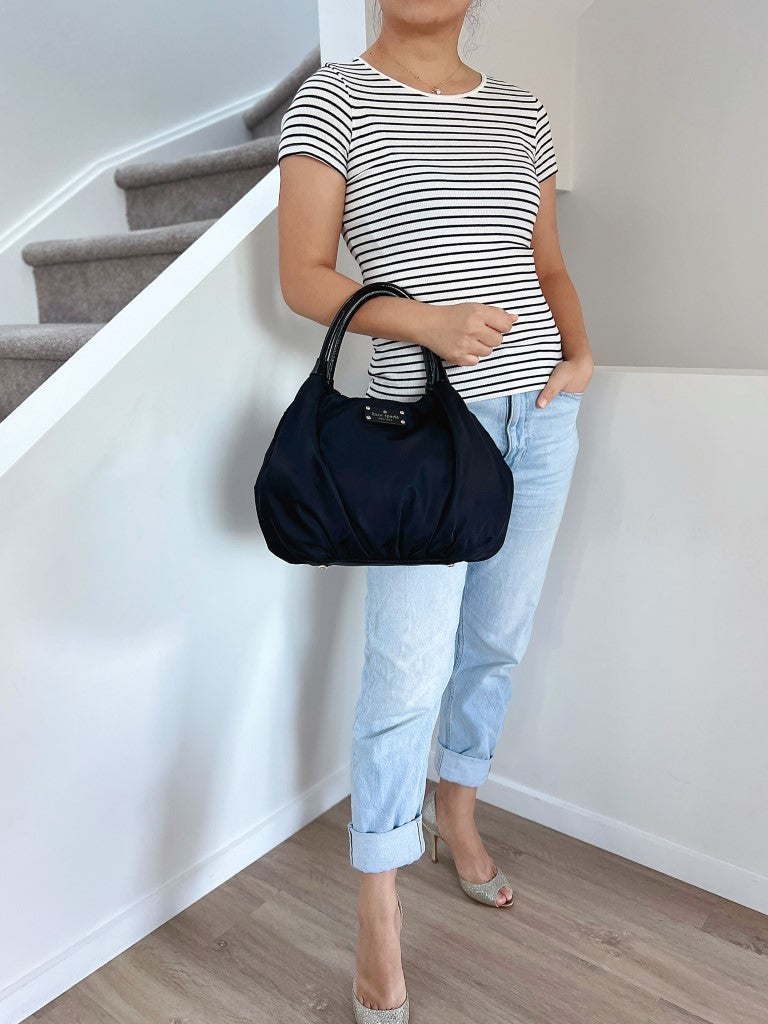 Kate Spade Black Leather Handle Front Logo Carryall Shoulder Bag Excellent