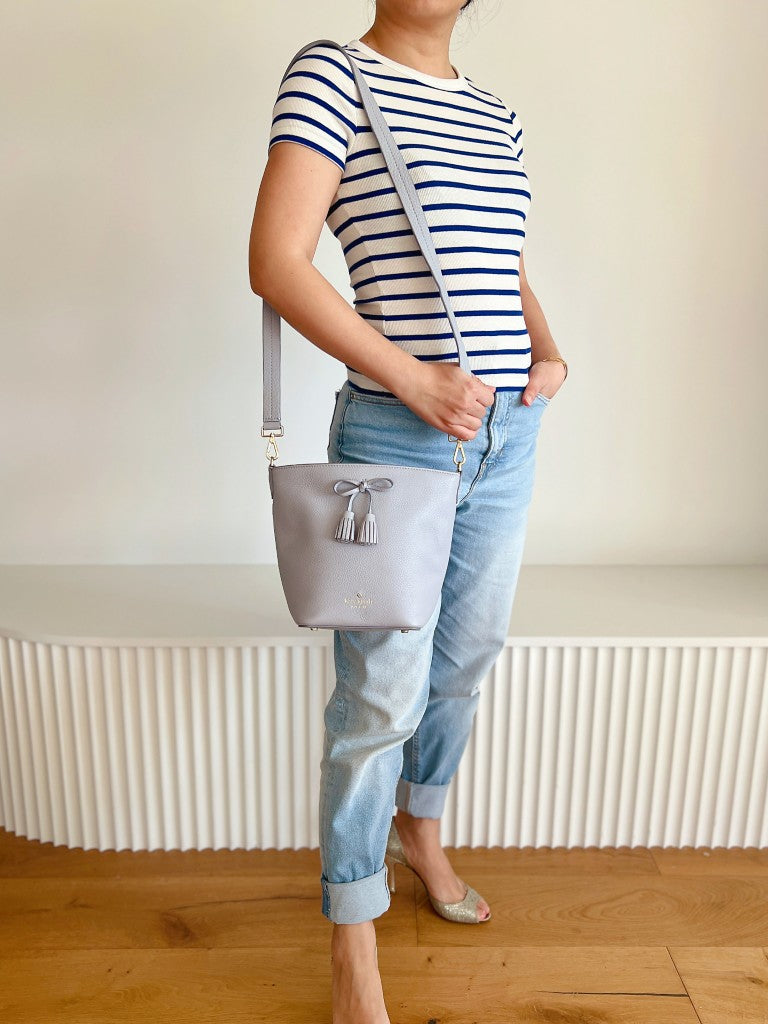 Kate Spade Grey Leather Front Bow Bucket Crossbody Shoulder Bag Like New
