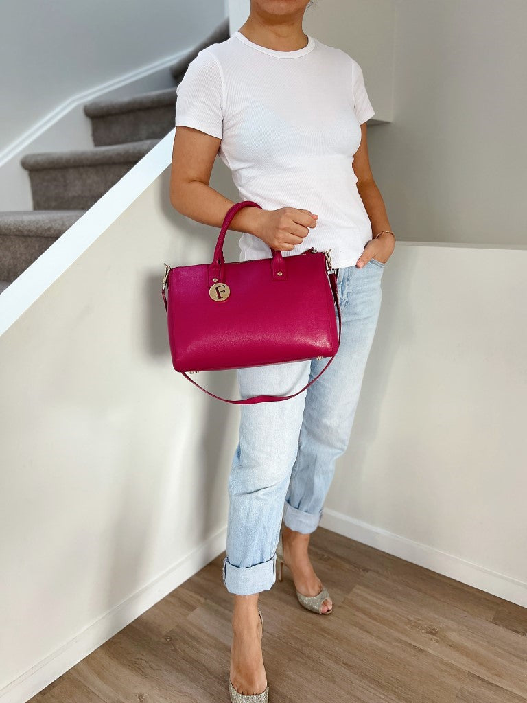 Furla Fuchsia Leather F Charm Boston 2 Way Shoulder Bag Like New