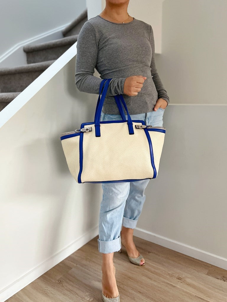 Salvatore Ferragamo Blue Leather Straw Large Shoulder Bag Excellent