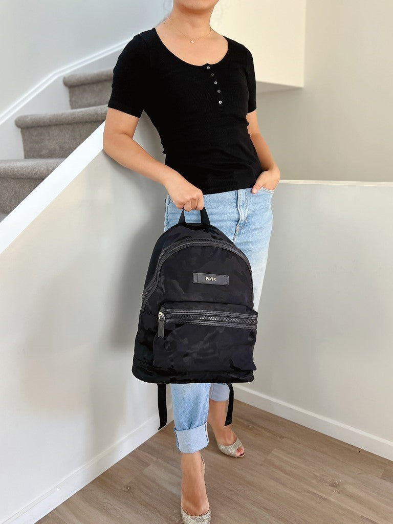 Michael Kors Black Kamo Print Double Compartment Backpack Like New